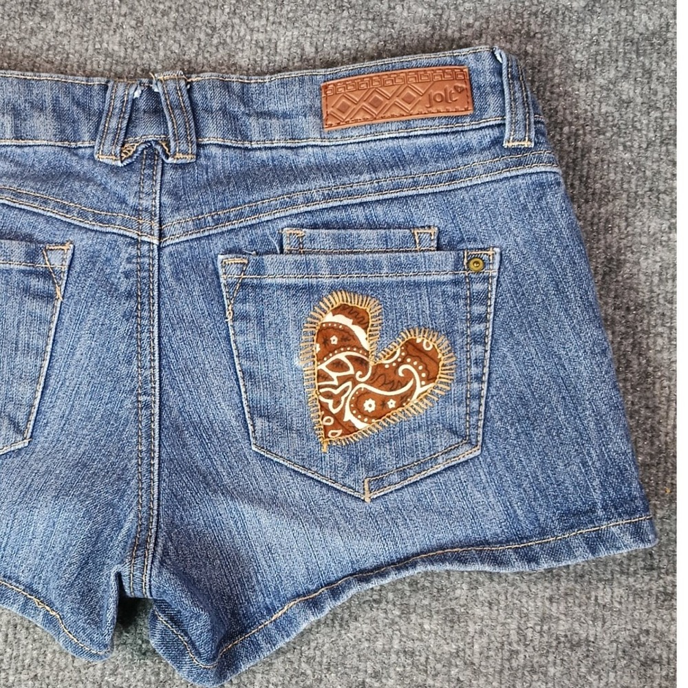 Jolt Denim Shorts Womens 1 Blue Heart Paisley Patch Low Rise Boho 3024